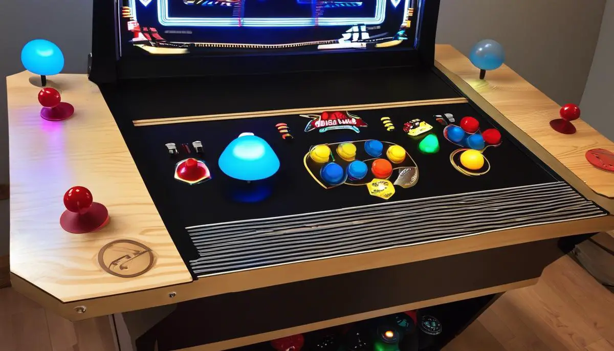 An image of a DIY arcade table with a joysticks and buttons, showing the steps involved in building it.