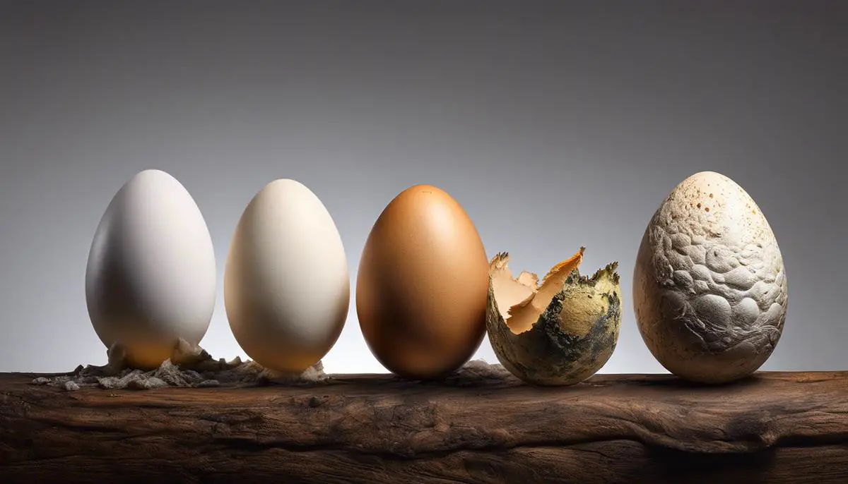 An image depicting the evolution of an egg, from dinosaur to chicken, showing the gradual change over time.