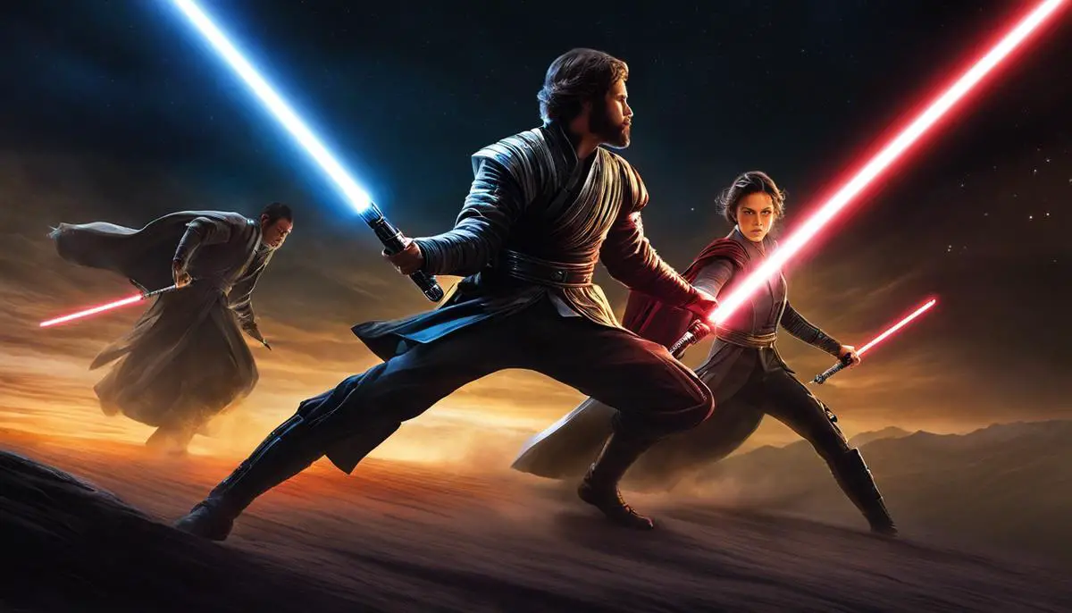 A depiction of two invisible light sabers engaged in combat