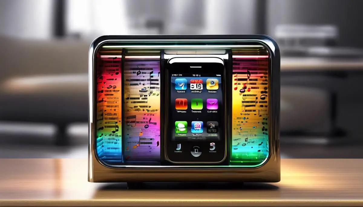 An image of an iPhone 3G turned into a jukebox with colorful music notes flying out of it.